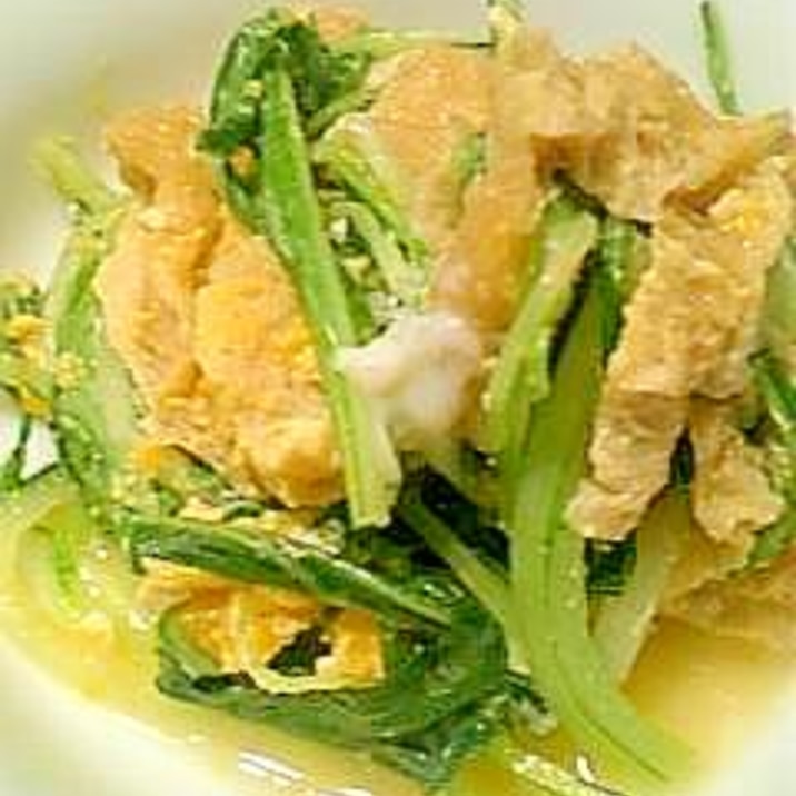 麺つゆ使って簡単！水菜と油揚げの卵とじ♪